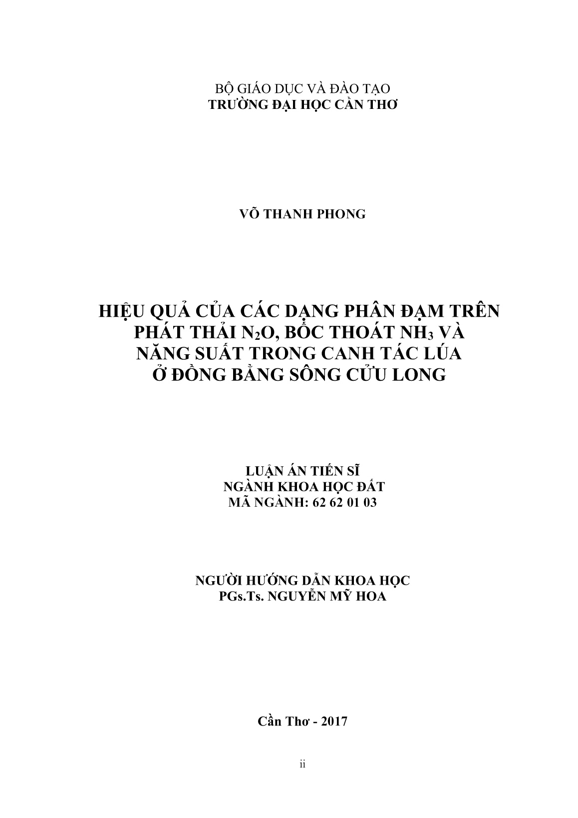 Luận án Hiệu quả của các dạng phân đạm trên phát thải N₂O, bốc thoát NH₃ và năng suất trong canh tác lúa ở đồng bằng sông Cửu Long trang 2