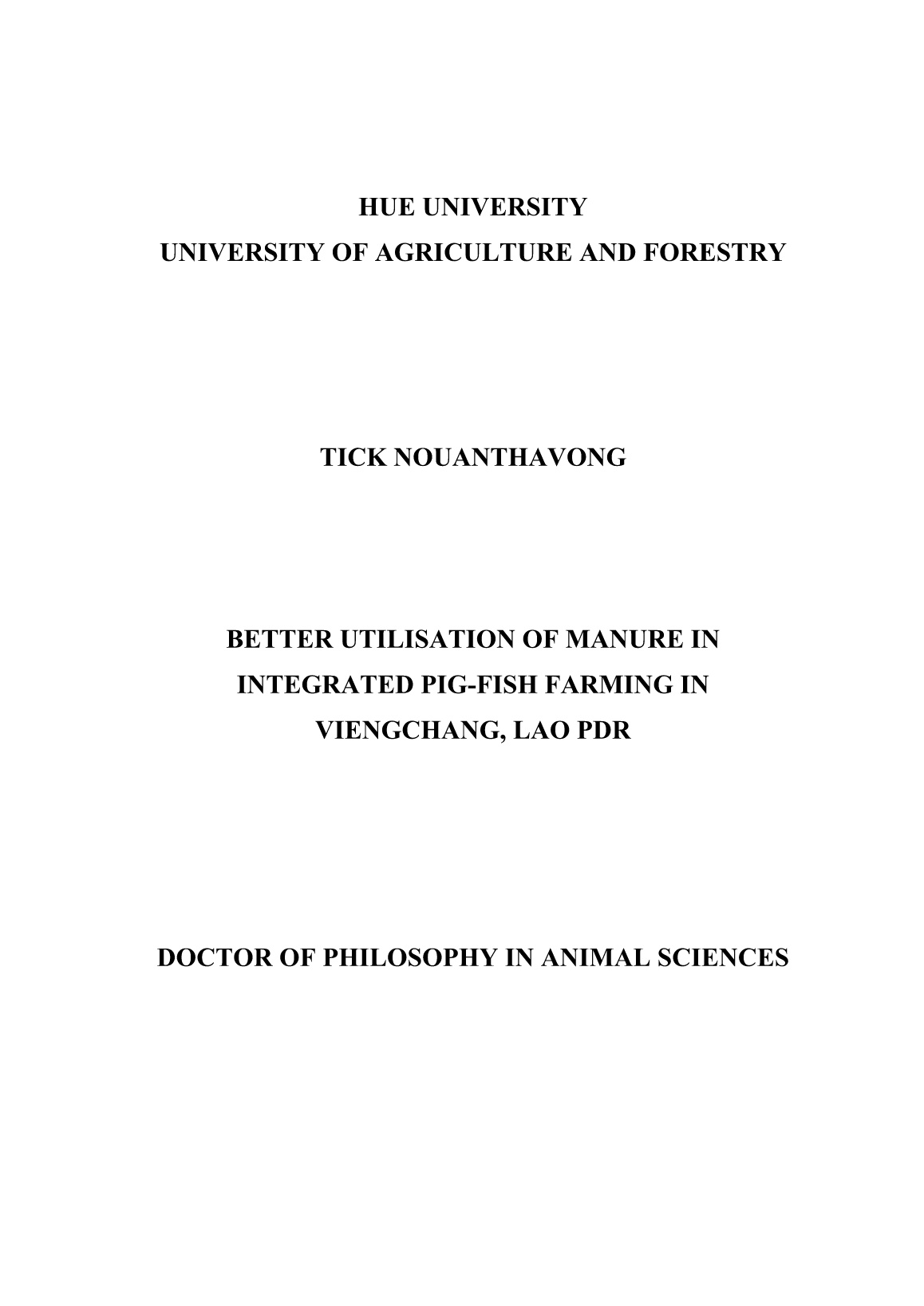 Luận án Better utilisation of manure in integrated pig-fish farming in Viengchang, Lao PDR trang 1
