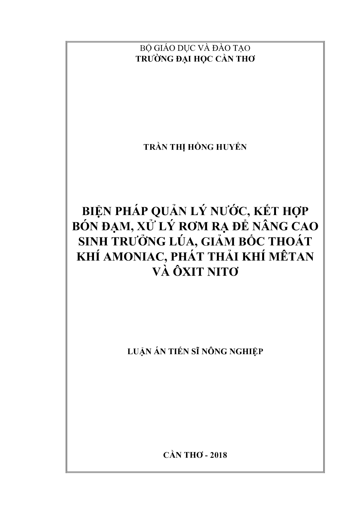Luận án Biện pháp quản lý nước, kết hợp bón đạm, xử lý rơm rạ để nâng cao sinh trưởng lúa, giảm bốc thoát khí amoniac, phát thải khí Mêtan và Oxit nitơ trang 1 Luận án Biện pháp quản lý nước, kết hợp bón đạm, xử lý rơm rạ để nâng cao sinh trưởng lúa, giảm bốc thoát khí amoniac, phát thải khí Mêtan và Oxit nitơ trang 1
