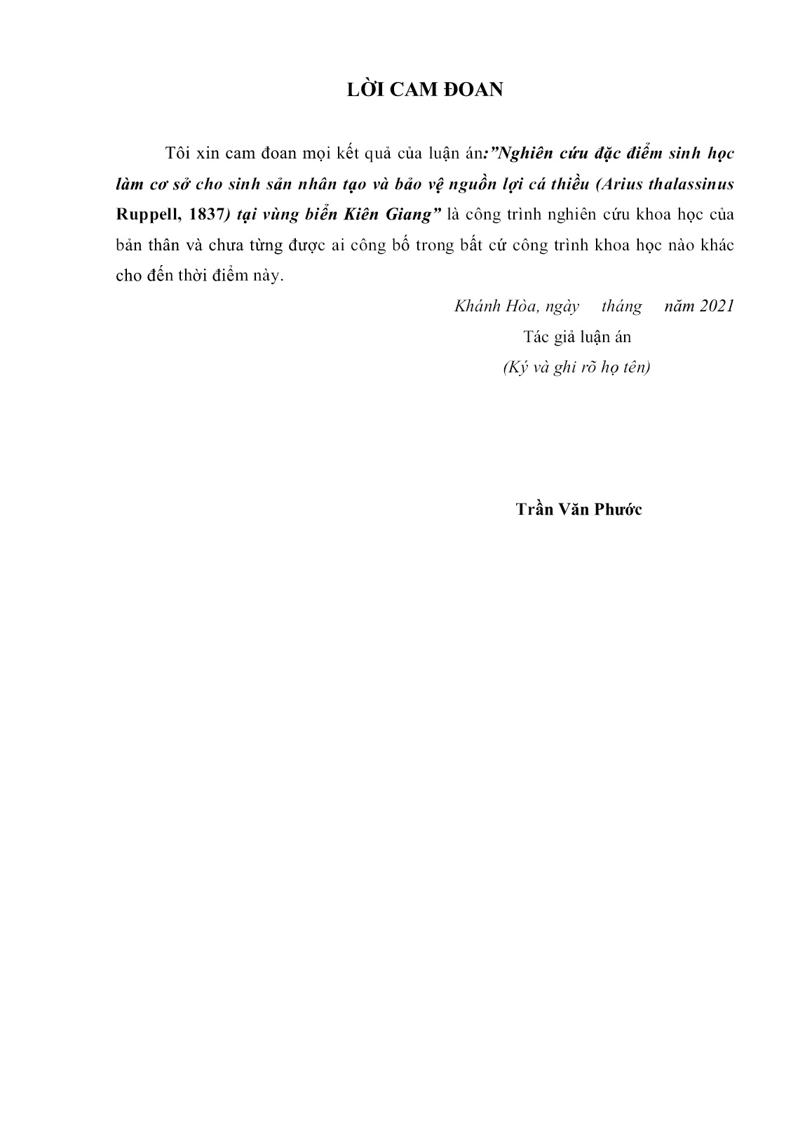 Luận án Nghiên cứu đặc điểm sinh học làm cơ sở cho sinh sản nhân tạo và bảo vệ nguồn lợi cá thiều (aArius thalassinus Ruppell, 1837) tại vùng biển Kiên Giang trang 4