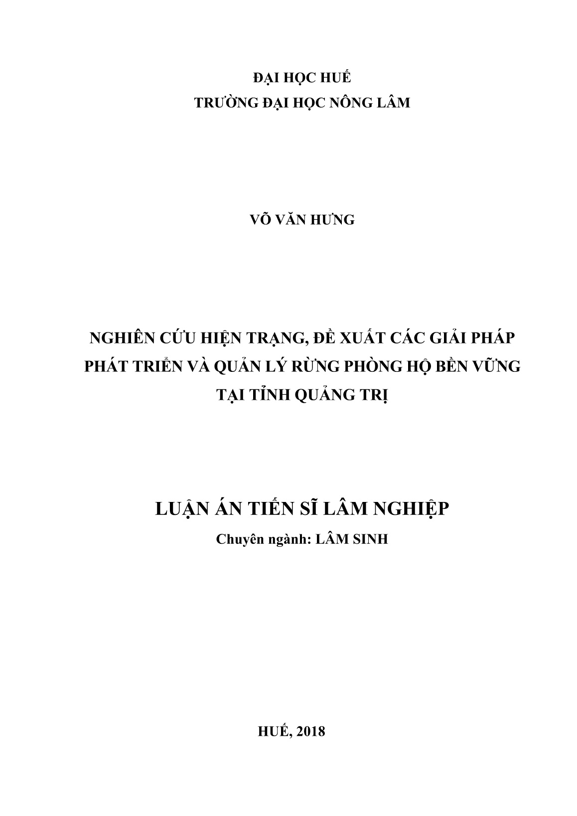 Luận án Nghiên cứu hiện trạng, đề xuất các giải pháp phát triển và quản lý rừng phòng hộ bền vững tại tỉ̉nh Quảng Trị trang 1