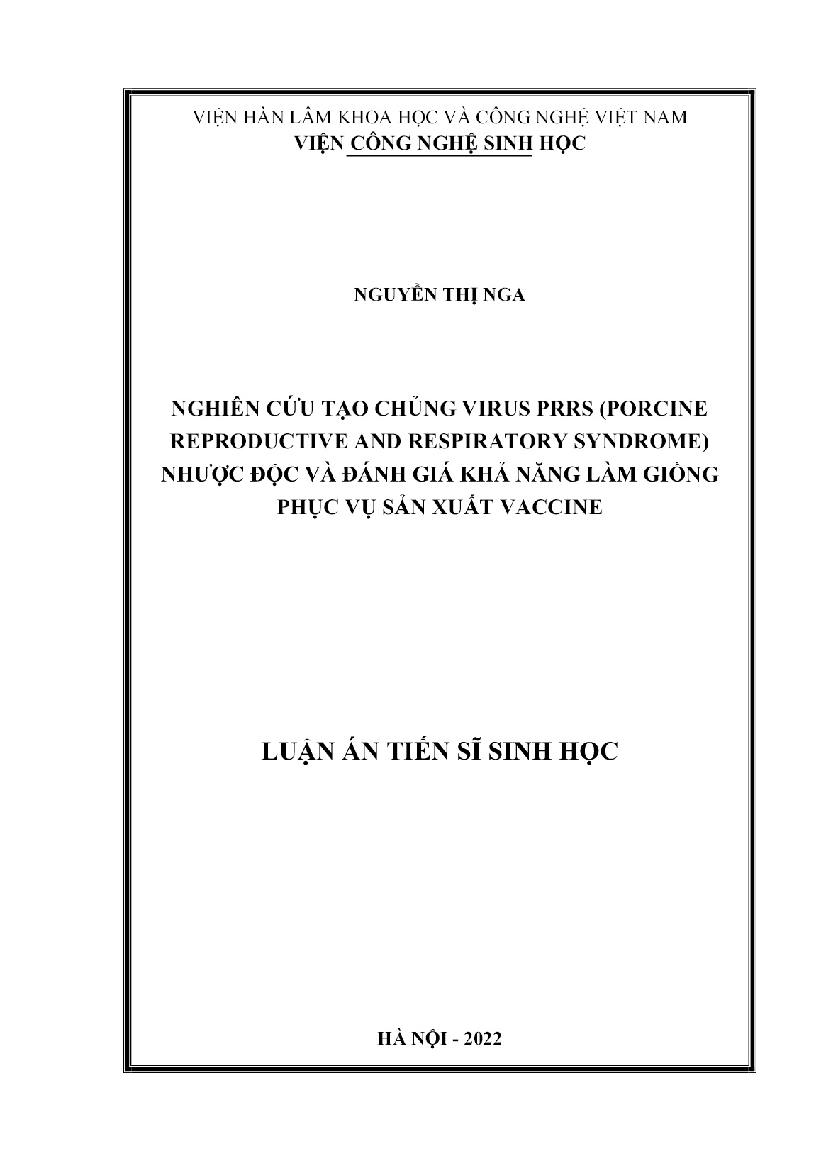 Luận án Nghiên cứu tạo chủng virus PRRS (porcine reproductive and respiratory syndrome) nhược độc và đánh giá khả năng làm giống phục vụ sản xuất vaccine trang 1