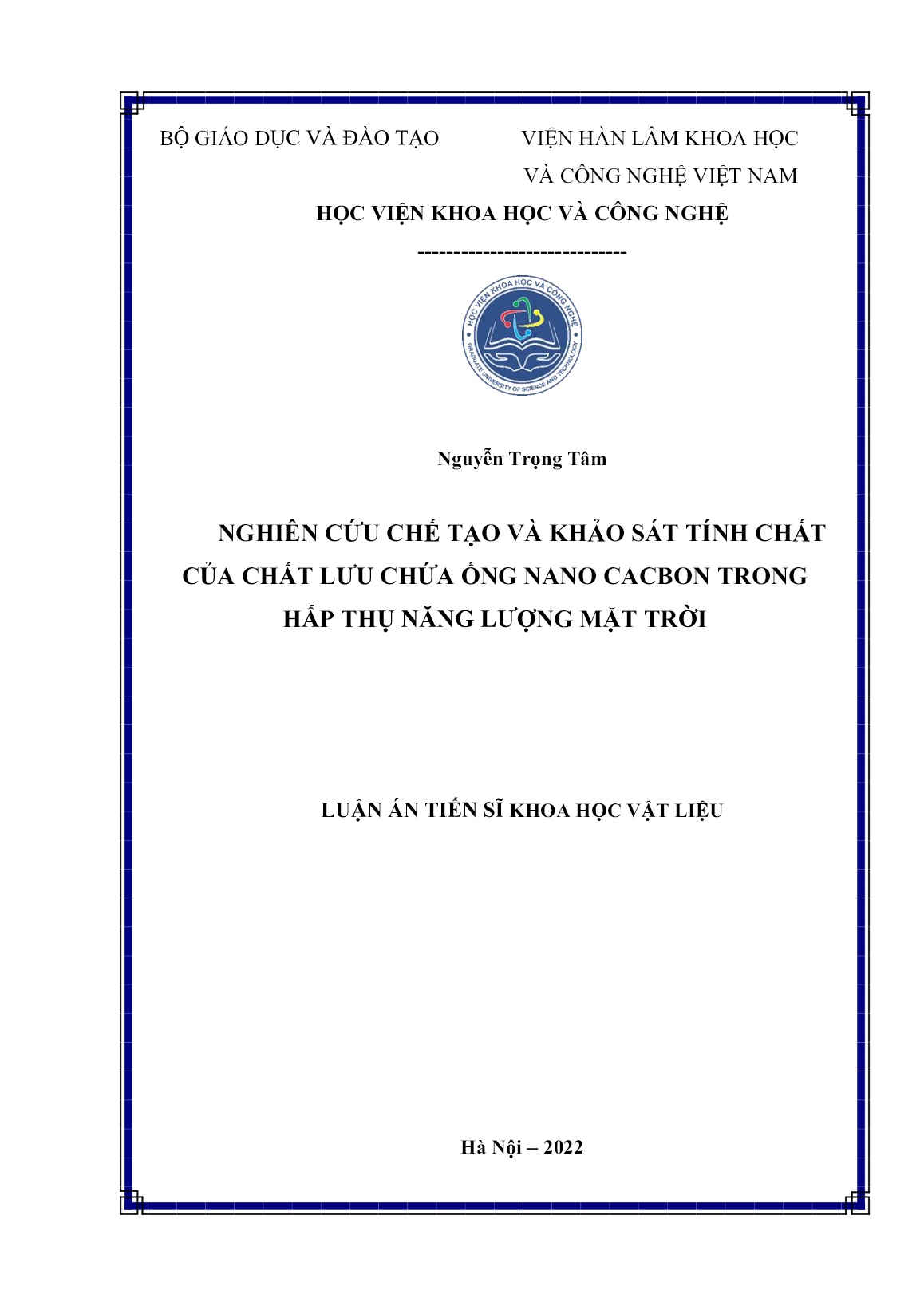 Luận án Nghiên cứu chế tạo và khảo sát tính chất của chất lưu chứa ống nano cacbon trong hấp thụ năng lượng mặt trời trang 1