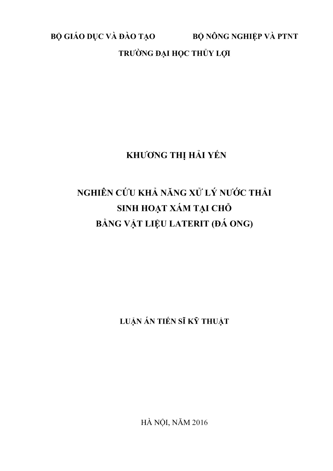 Luận án Nghiên cứu khả năng xử lý nước thải sinh hoạt xám tại chỗ bằng vật liệu laterit (đá ong) trang 1 Luận án Nghiên cứu khả năng xử lý nước thải sinh hoạt xám tại chỗ bằng vật liệu laterit (đá ong) trang 1