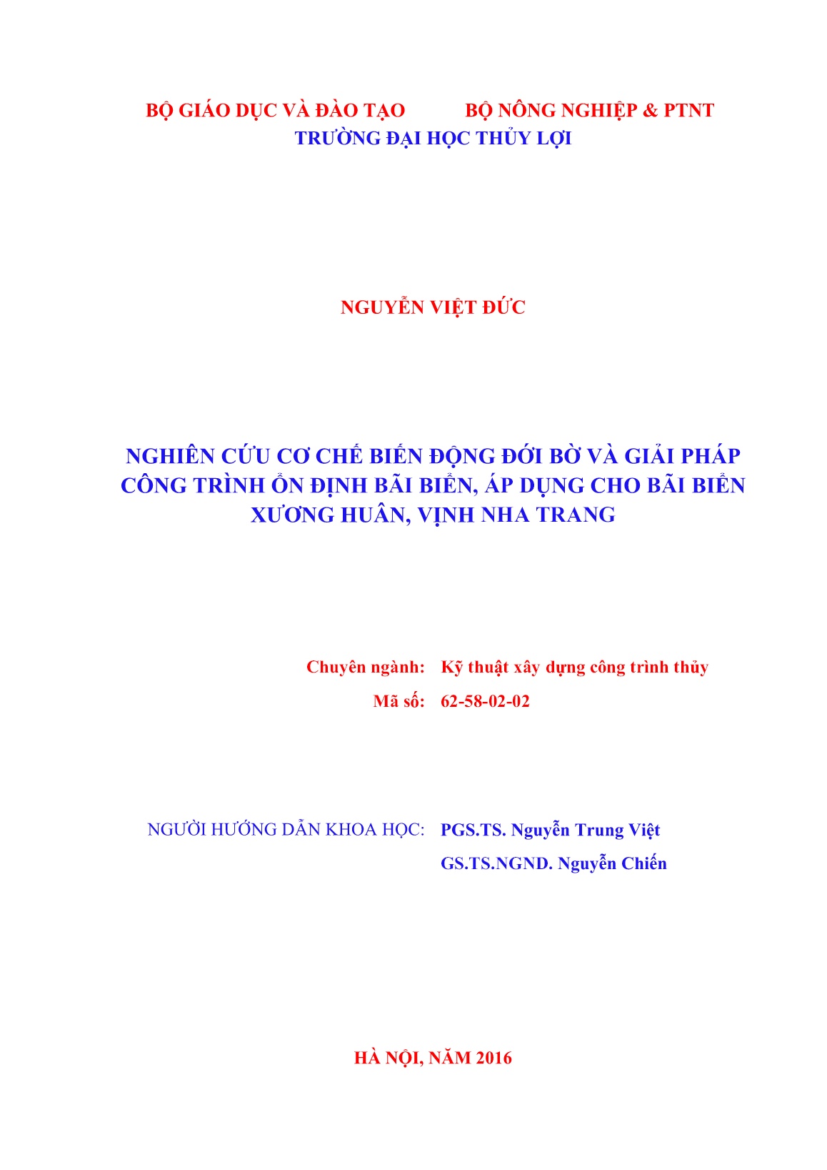 Luận án Nghiên cứu cơ chế biến động đới bờ và giải pháp công trình ổn định bãi biển, áp dụng cho bãi biển Xương Huân, vịnh Nha Trang trang 2 Luận án Nghiên cứu cơ chế biến động đới bờ và giải pháp công trình ổn định bãi biển, áp dụng cho bãi biển Xương Huân, vịnh Nha Trang trang 2