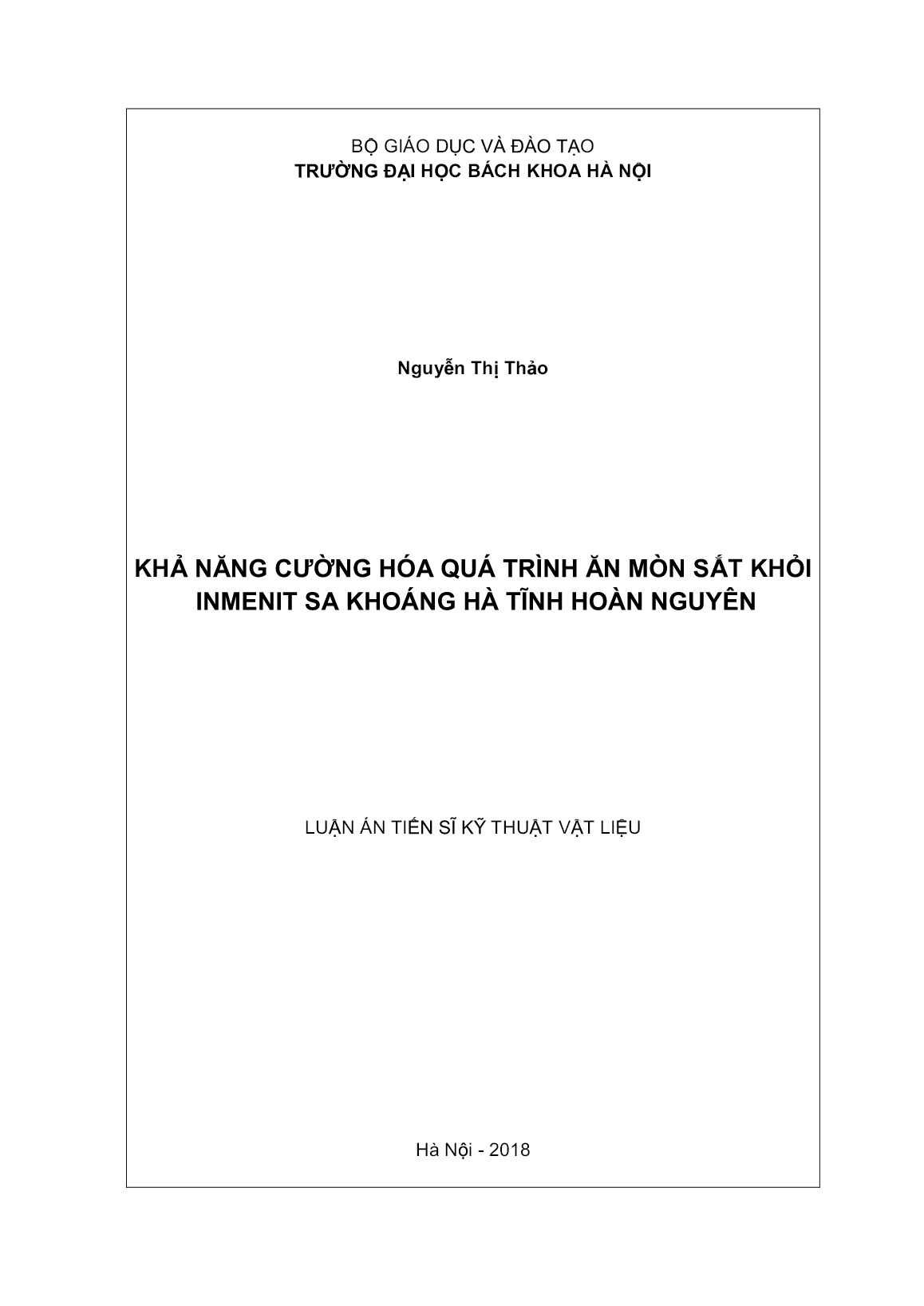 Luận án Khả năng cường hóa quá trình ăn mòn sắt khỏi inmenit sa khoáng Hà Tĩnh hoàn nguyên trang 1 Luận án Khả năng cường hóa quá trình ăn mòn sắt khỏi inmenit sa khoáng Hà Tĩnh hoàn nguyên trang 1