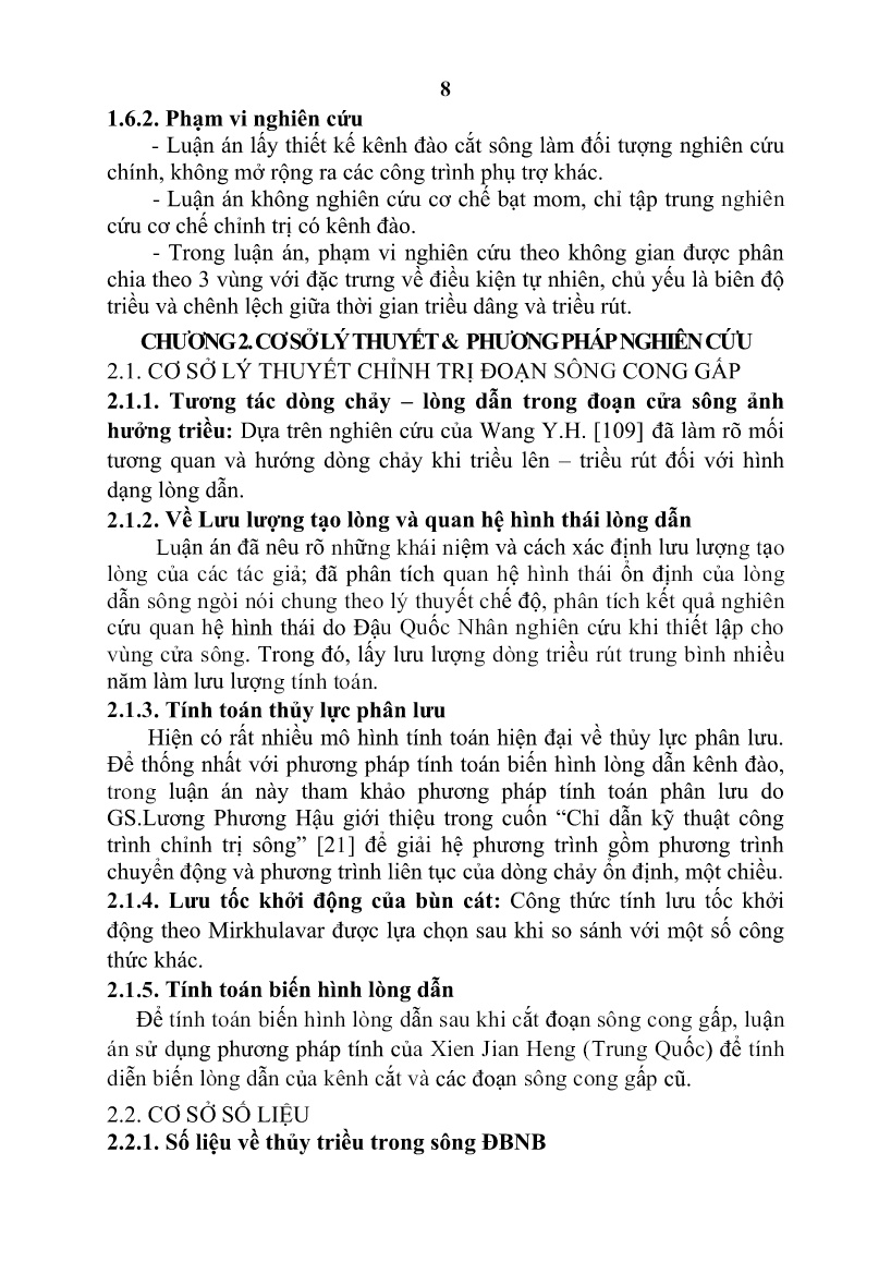 Tóm tắt Luận án Nghiên cứu cơ chế tác động để chỉnh trị đoạn sông cong gấp trong vùng chịu ảnh hưởng của thủy triều trang 10