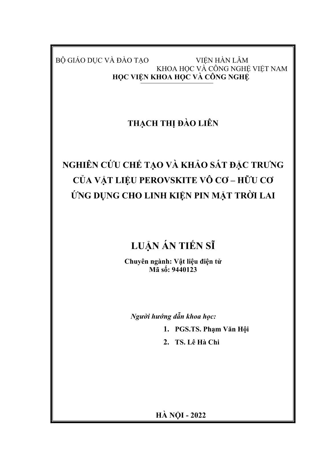 Luận án Nghiên cứu chế tạo và khảo sát đặc trưng của vật liệu perovskite vô cơ - hữu cơ ứng dụng cho linh kiện pin mặt trời lai trang 1 Luận án Nghiên cứu chế tạo và khảo sát đặc trưng của vật liệu perovskite vô cơ - hữu cơ ứng dụng cho linh kiện pin mặt trời lai trang 1