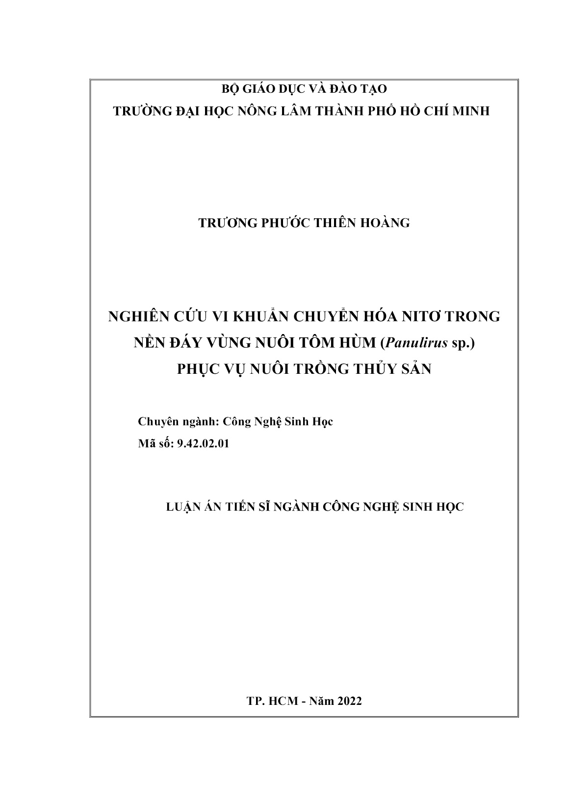 Luận án Nghiên cứu vi khuẩn chuyển hóa Nitơ trong nền đáy vùng nuôi tôm hùm (Panulirus sp.) phục vụ nuôi trồng thủy sản trang 1 Luận án Nghiên cứu vi khuẩn chuyển hóa Nitơ trong nền đáy vùng nuôi tôm hùm (Panulirus sp.) phục vụ nuôi trồng thủy sản trang 1
