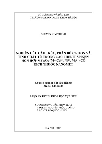 Luận án Nghiên cứu cấu trúc, phân bố cation và tính chất từ trong các pherit spinen hỗn hợp MFe2O4 (M= Cu2+, Ni2+, Mg2+) có kích thước nanomét