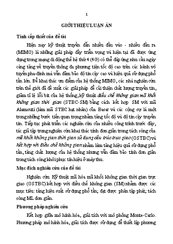Luận án Nghiên cứu Kỹ thuật mã hóa mã khối không gian thời gian trực giao (OSTBC) kết hợp với điều chế không gian (SM)