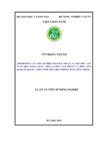 Luận án Ảnh hưởng của một số biện pháp kỹ thuật và tổ chức sản xuất đến năng suất, chất lượng sản phẩm và hiệu quả kinh tế trong chăn nuôi lợn thịt ở đồng bằng sông Hồng