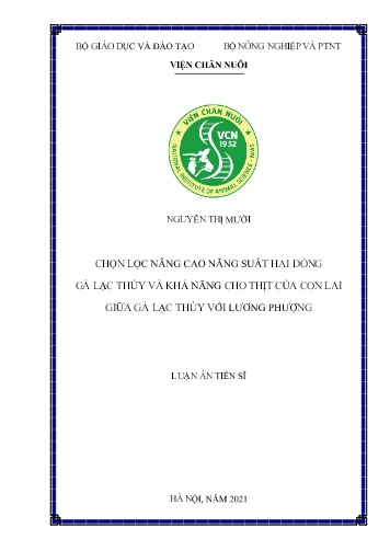 Luận án Chọn lọc nâng cao năng suất hai dòng gà lạc thủy và khả năng cho thịt của con lai giữa gà Lạc Thủy với Lương Phượng