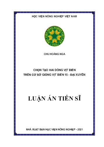 Luận án Chọn tạo hai dòng vịt biển trên cơ sở giống vịt biển 15 - Đại Xuyên