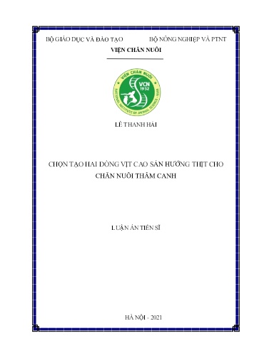 Luận án Chọn tạo hai dòng vịt cao sản hướng thịt cho chăn nuôi thâm canh