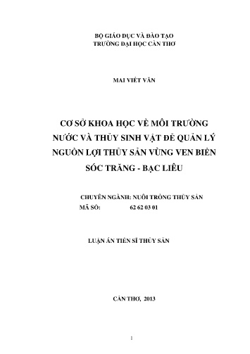 Luận án Cơ sở khoa học về môi trường nước và thủy sinh vật để quản lý nguồn lợi thủy sản vùng ven biển Sóc Trăng - Bạc Liêu