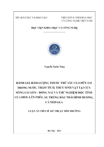 Luận án Đánh giá hàm lượng thuốc trừ sâu Clo hữu cơ trong nước, trầm tích, thủy sinh vật tại cửa sông Sài Gòn – Đồng Nai và thử nghiệm độc tính của DDTS lên phôi, ấu trùng hàu Thái Bình dương, cá Medaka