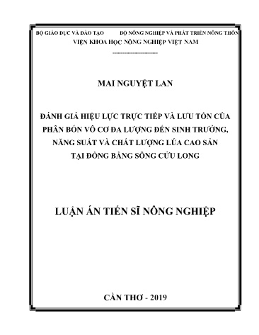 Luận án Đánh giá hiệu lực trực tiếp và lưu tồn của phân bón vô cơ đa lượng đến sinh trưởng, năng suất và chất lượng lúa cao sản tại đồng bằng sông Cửu Long