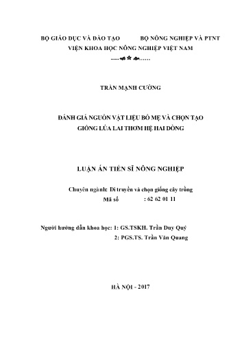 Luận án Đánh giá nguồn vật liệu bố mẹ và chọn tạo giống lúa lai thơm hệ hai dòng