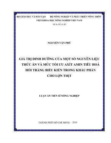 Luận án Giá trị dinh dưỡng của một số nguyên liệu thức ăn và mức tối ưu axít amin tiêu hoá hồi tràng biểu kiến trong khẩu phần cho lợn thịt Luận án Giá trị dinh dưỡng của một số nguyên liệu thức ăn và mức tối ưu axít amin tiêu hoá hồi tràng biểu kiến trong khẩu phần cho lợn thịt