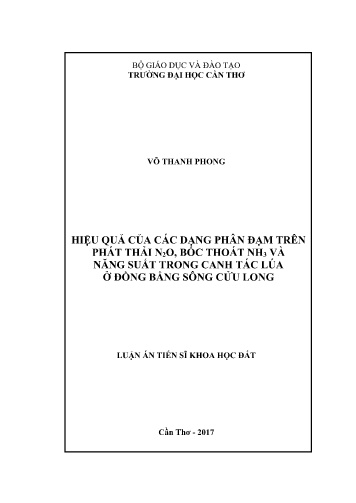 Luận án Hiệu quả của các dạng phân đạm trên phát thải N₂O, bốc thoát NH₃ và năng suất trong canh tác lúa ở đồng bằng sông Cửu Long