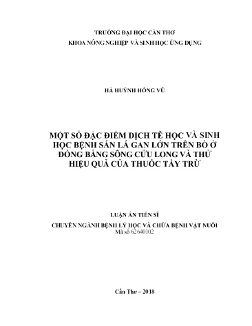 Luận án Một số đặc điểm dịch tễ học và sinh học bệnh sán lá gan lớn trên bò ở đồng bằng sông Cửu Long và thử hiệu quả của thuốc tẩy trừ