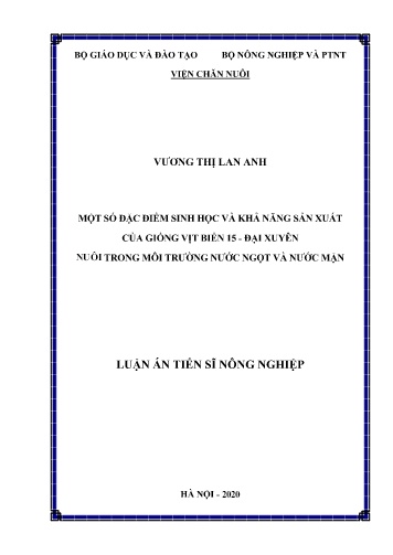 Luận án Một số đặc điểm sinh học và khả năng sản xuất của giống vịt biển 15 - Đại Xuyên nuôi trong môi trường nước ngọt và nước mặn