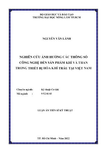 Luận án Nghiên cứu ảnh hưởng các thông số công nghệ đến sản phẩm khí và than trong thiết bị hóa khí trấu tại Việt Nam