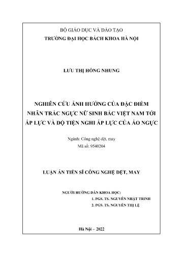 Luận án Nghiên cứu ảnh hưởng của đặc điểm nhân trắc ngực nữ sinh Bắc Việt Nam tới áp lực và độ tiện nghi áp lực của áo ngực