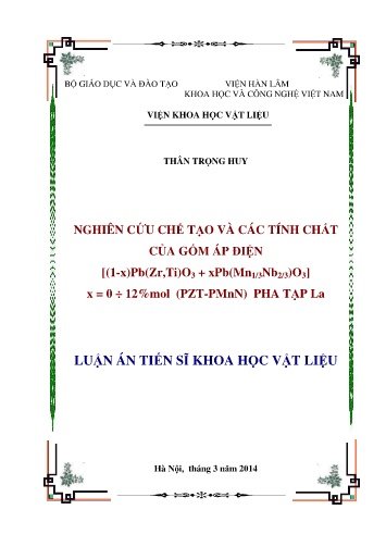 Luận án Nghiên cứu chế tạo và các tính chất của gốm áp điện [(1-x)Pb(Zr,Ti)O₃ + xPb(Mn1/₃Nb₂/₃)O₃] x = 0 ÷ 12%mol (PZT-PMnN) pha tạp La