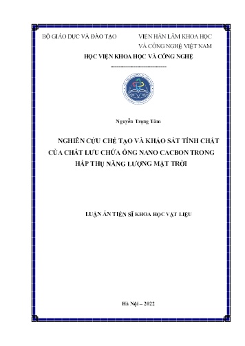 Luận án Nghiên cứu chế tạo và khảo sát tính chất của chất lưu chứa ống nano cacbon trong hấp thụ năng lượng mặt trời