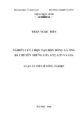 Luận án Nghiên cứu chọn tạo bốn dòng gà ông bà chuyên trứng GT1, GT2, GT3 VÀ GT4