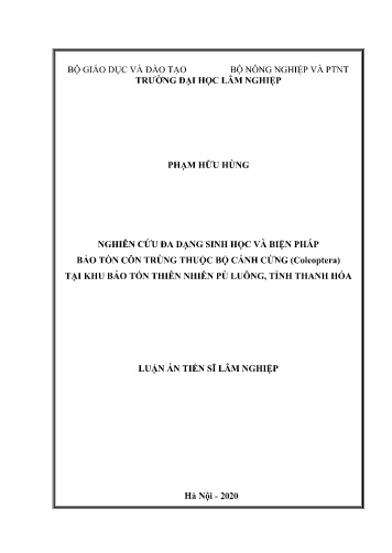 Luận án Nghiên cứu đa dạng sinh học và biện pháp bảo tồn côn trùng thuộc bộ cánh cứng (Coleoptera) tại khu bảo tồn thiên nhiên Pù Luông, tỉnh Thanh Hóa