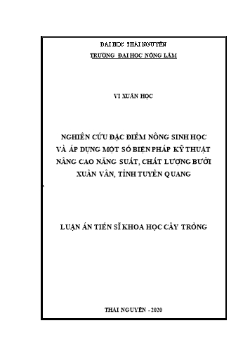 Luận án Nghiên cứu đặc điểm nông sinh học và áp dụng một số biện pháp kỹ thuật nâng cao năng suất, chất lượng bưởi Xuân Vân, tỉnh Tuyên Quang