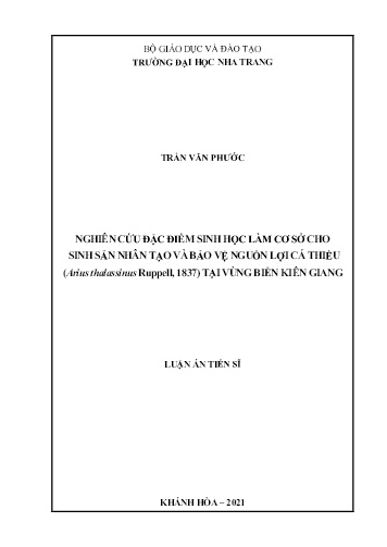 Luận án Nghiên cứu đặc điểm sinh học làm cơ sở cho sinh sản nhân tạo và bảo vệ nguồn lợi cá thiều (aArius thalassinus Ruppell, 1837) tại vùng biển Kiên Giang