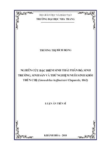 Luận án Nghiên cứu đặc điểm sinh thái phân bố, sinh trưởng, sinh sản và thử nghiệm nuôi sinh khối trùn chỉ (Limnodrilus hoffmeisteri Claparede, 1862)