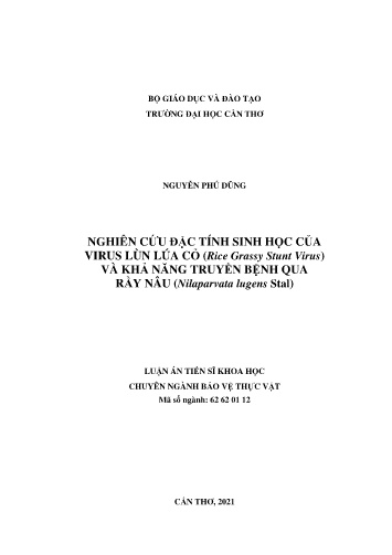 Luận án Nghiên cứu đặc tính sinh học của virus lùn lúa cỏ (rice grassy stunt virus) và khả năng truyền bệnh qua rầy nâu (nilaparvata lugens stal)