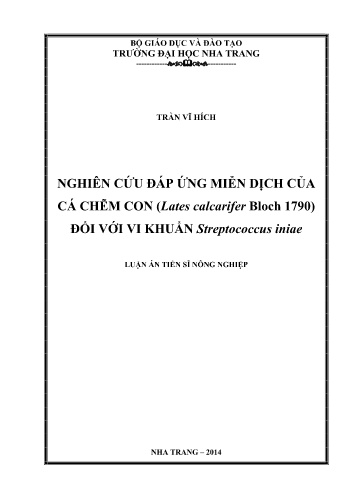 Luận án Nghiên cứu đáp ứng miễn dịch của cá chẽm con (Lates calcarifer Bloch 1790) đối với vi khuẩn Streptococcus iniae