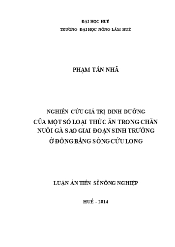 Luận án Nghiên cứu giá trị dinh dưỡng của một số loại thức ăn trong chăn nuôi gà sao giai đoạn sinh trưởng ở đồng bằng sông Cửu Long