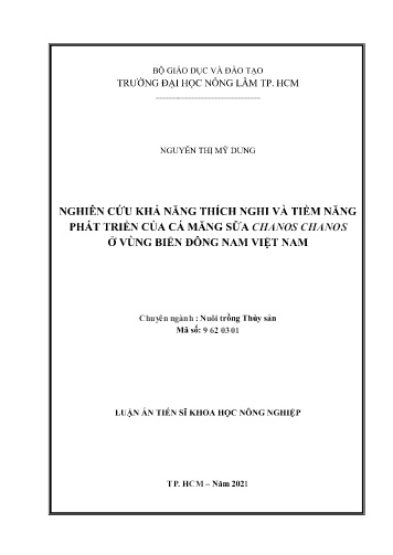 Luận án Nghiên cứu khả năng thích nghi và tiềm năng phát triển của cá măng sữa Chanos Chanos ở vùng biển Đông Nam Việt Nam
