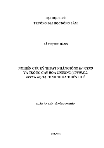 Luận án Nghiên cứu kỹ thuật nhân giống in vitro và trồng cây hoa chuông (sinningia speciosa) tại tỉnh Thừa Thiên Huế Luận án Nghiên cứu kỹ thuật nhân giống in vitro và trồng cây hoa chuông (sinningia speciosa) tại tỉnh Thừa Thiên Huế