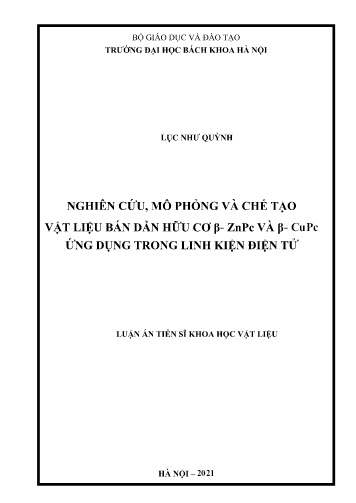 Luận án Nghiên cứu, mô phỏng và chế tạo vật liệu bán dẫn hữu cơ β- ZnPc và β- CuPc ứng dụng trong linh kiện điện tử
