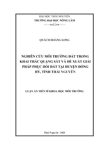 Luận án Nghiên cứu môi trường đất trong khai thác quặng sắt và đề xuất giải pháp phục hồi đất tại huyện Đồng Hỷ, tỉnh Thái Nguyên