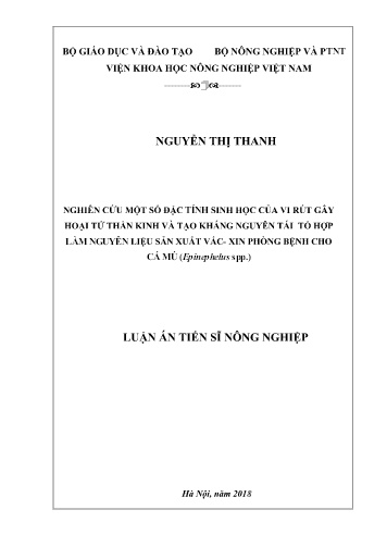 Luận án Nghiên cứu một số đặc tính sinh học của vi rút gây hoại tử thần kinh và tạo kháng nguyên tái tổ hợp làm nguyên liệu sản xuất vắc-xin phòng bệnh cho cá mú (Epinephelus spp.)