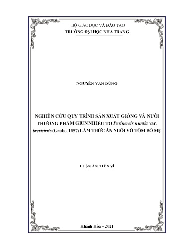 Luận án Nghiên cứu quy trình sản xuất giống và nuôi thương phẩm giun nhiều tơ Perinereis nuntia var. brevicirris (Grube, 1857) làm thức ăn nuôi vỗ tôm bố mẹ Luận án Nghiên cứu quy trình sản xuất giống và nuôi thương phẩm giun nhiều tơ Perinereis nuntia var. brevicirris (Grube, 1857) làm thức ăn nuôi vỗ tôm bố mẹ