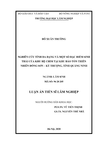 Luận án Nghiên cứu tính đa dạng và một số đặc điểm sinh thái của khu hệ chim tại khu bảo tồn thiên nhiên Đồng Sơn - Kỳ Thượng, tỉnh Quảng Ninh