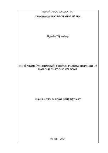 Luận án Nghiên cứu ứng dụng môi trường plasma trong xử lý hạn chế cháy cho vải bông