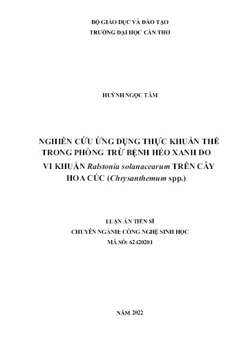 Luận án Nghiên cứu ứng dụng thực khuẩn thể trong phòng trừ bệnh héo xanh do vi khuẩn ralstonia solanacearum trên cây hoa cúc (Chrysanthemum spp.)