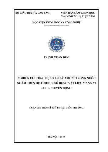 Luận án Nghiên cứu, ứng dụng xử lý Amoni trong nước ngầm trên hệ thiết bị sử dụng vật liệu mang vi sinh chuyển động