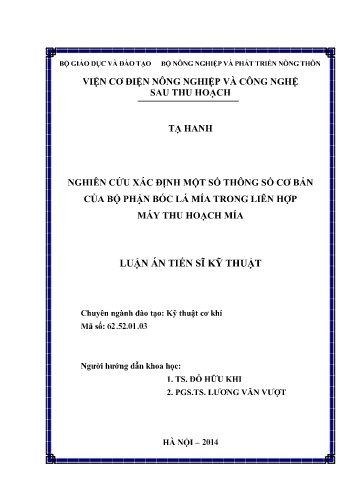 Luận án Nghiên cứu xác định một số thông số cơ bản của bộ phận bóc lá mía trong liên hợp máy thu hoạch mía